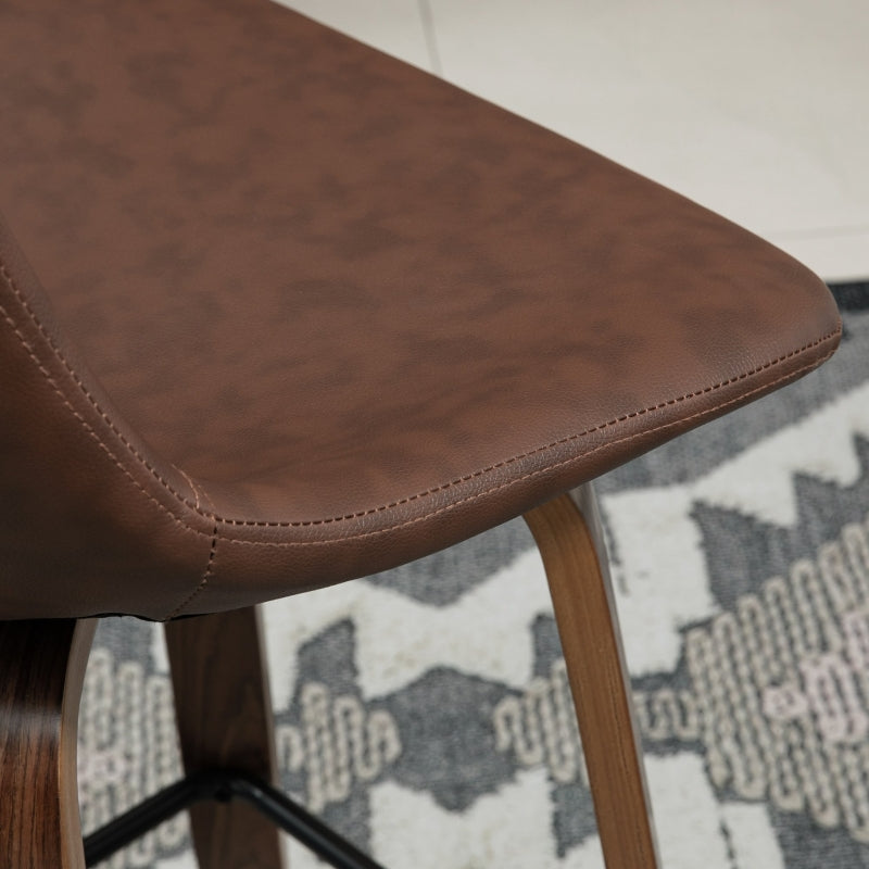 Brown PU Leather Bar Stools Set of 2 with Backs and Wood Legs