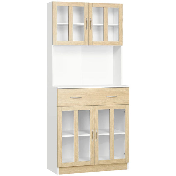 Modern White Kitchen Storage Cabinet with Glass Doors and Drawer, 180cm