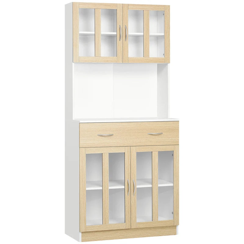 Modern White Kitchen Storage Cabinet with Glass Doors and Drawer, 180cm