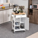 White Kitchen Trolley with Wood Top, 3 Shelves, and Storage Cupboard