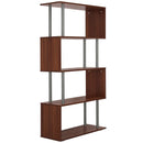 Modern Walnut S-Shaped 4-Tier Wooden Bookcase with Steel Frame