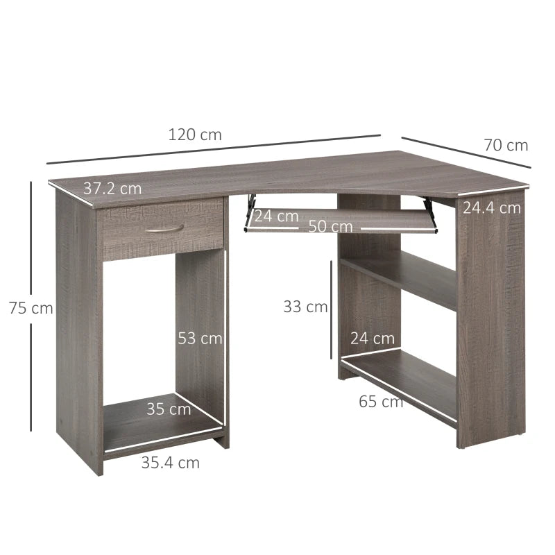 Grey L-Shaped Computer Desk with Shelves & Drawer