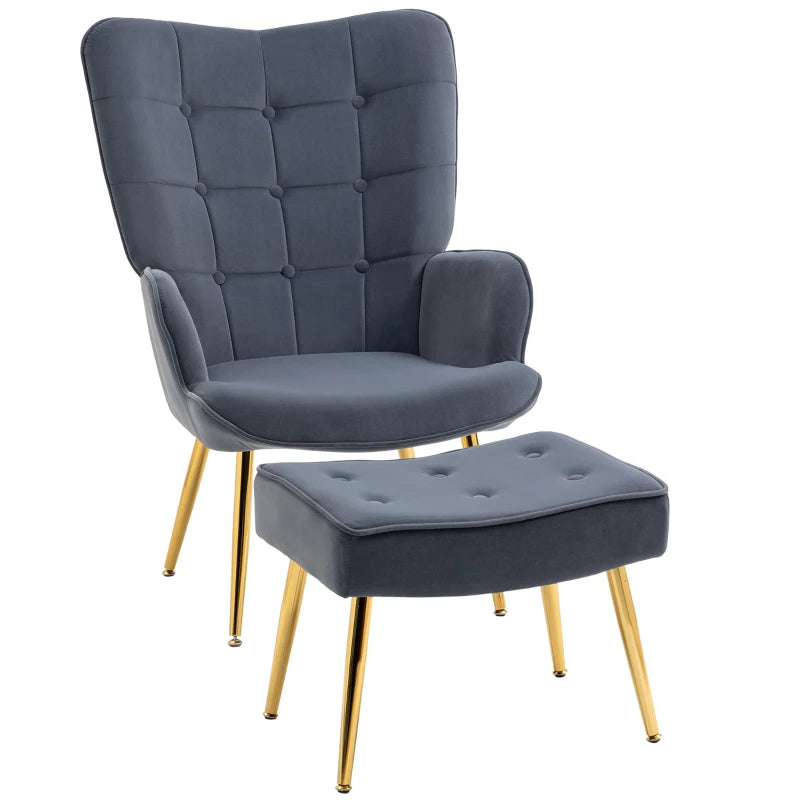 Dark Grey Velvet Armchair Set with Ottoman - Modern Steel Legs Accent Chair for Living Room, Bedroom