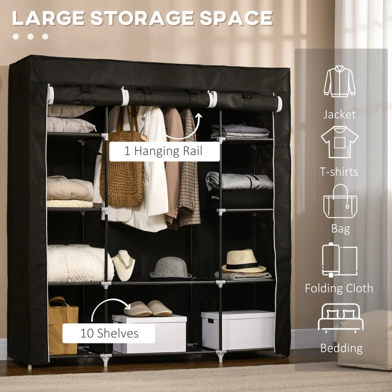 Black Foldable Fabric Wardrobe with Hanging Rail and Shelves