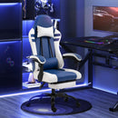 Blue White Gaming Chair with Headrest, Footrest, Wheels - Adjustable Height