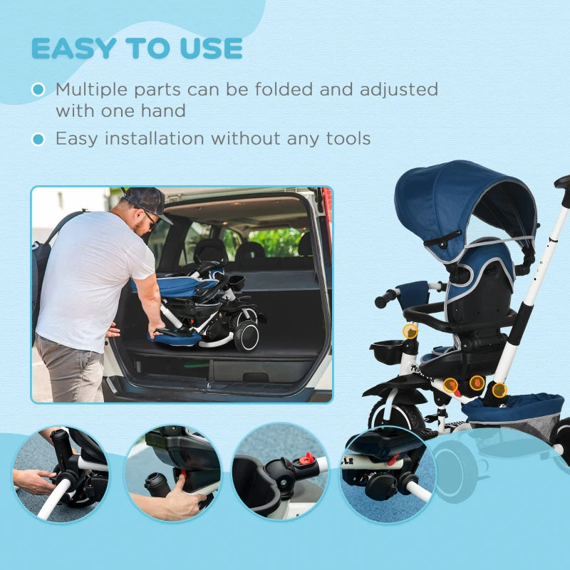 Blue Kids Tricycle with Rotatable Seat & Adjustable Push Handle