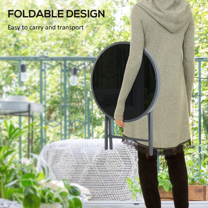 Black Round Outdoor Folding Patio Table with Imitation Marble Glass Top