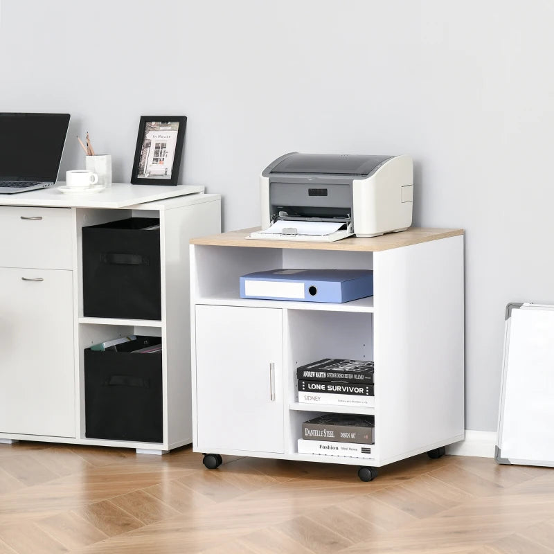 Oak Mobile Printer Stand with Storage - Modern Office Desk Unit