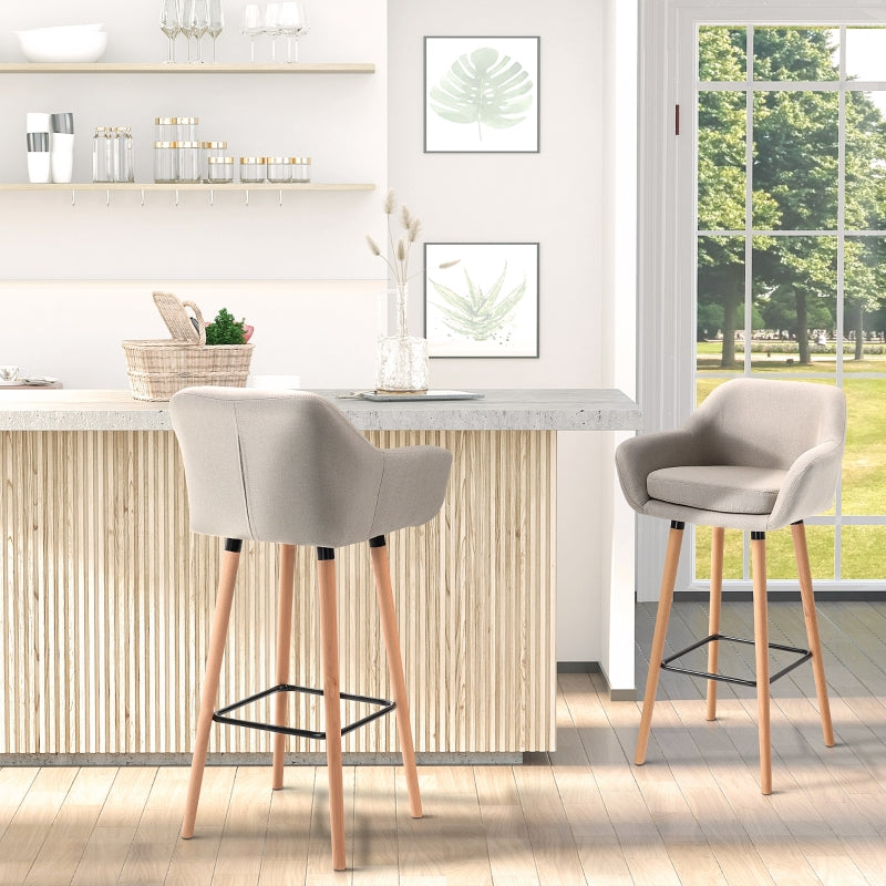 Beige Upholstered Bar Stools Set of 2 - Modern Metal Frame, Solid Wood Legs