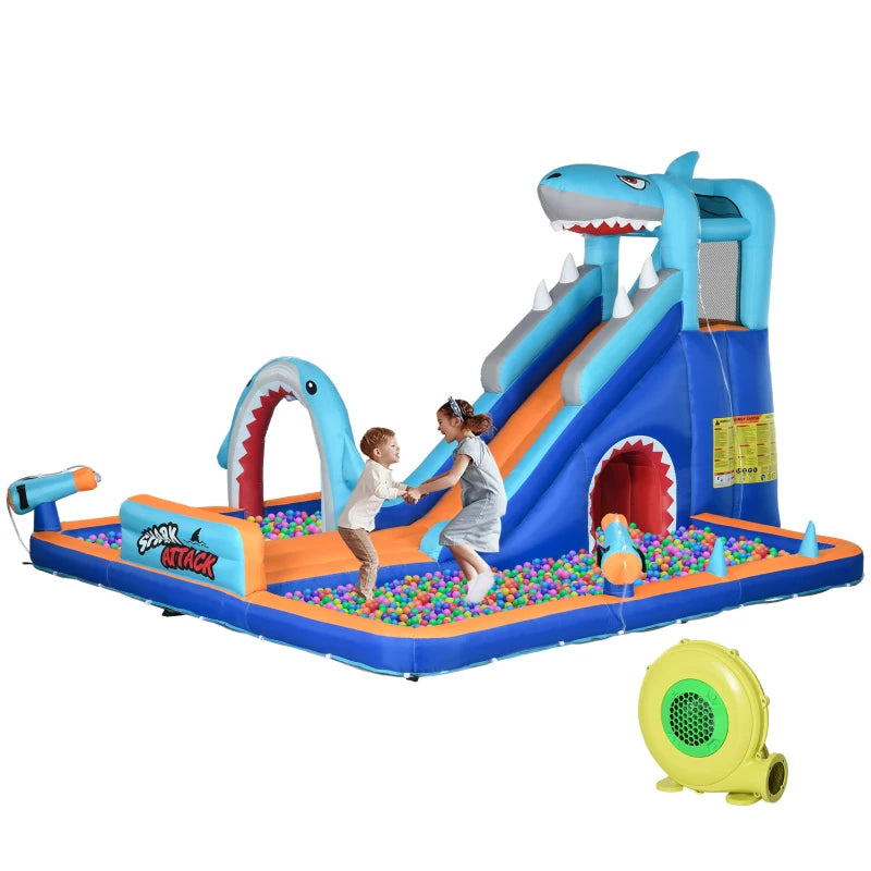 Kids Inflatable Shark Rides Shark-Themed Inflatable Water Park with Slide & Pool for Kids 3-8, Blue