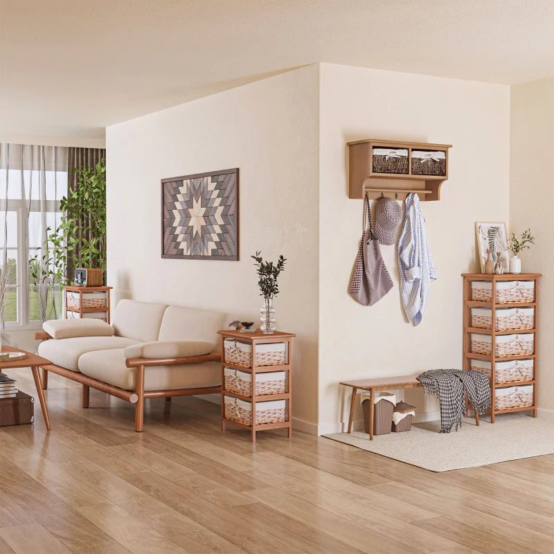 Brown Wall Mounted Coat Rack Shelf with Baskets and Hooks