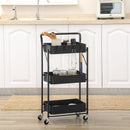Black 3 Tier Foldable Storage Trolley Cart with Mesh Baskets and Hooks