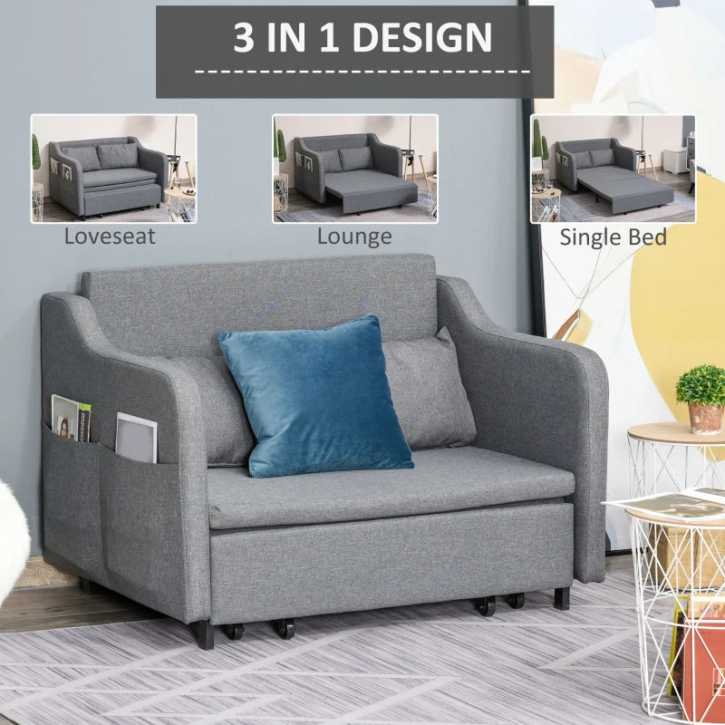 Grey 2 Seater Sofa Bed with Pillows and Side Pockets