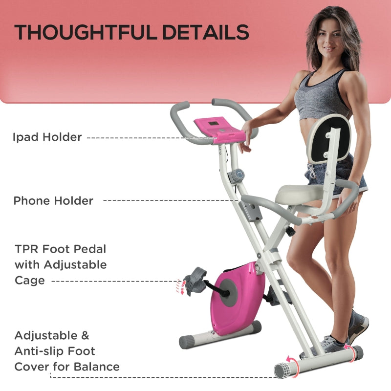 White Folding Magnetic Exercise Bike with Backrest and Tablet Holder