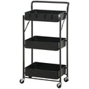 Black 3 Tier Foldable Storage Trolley Cart with Mesh Baskets and Hooks