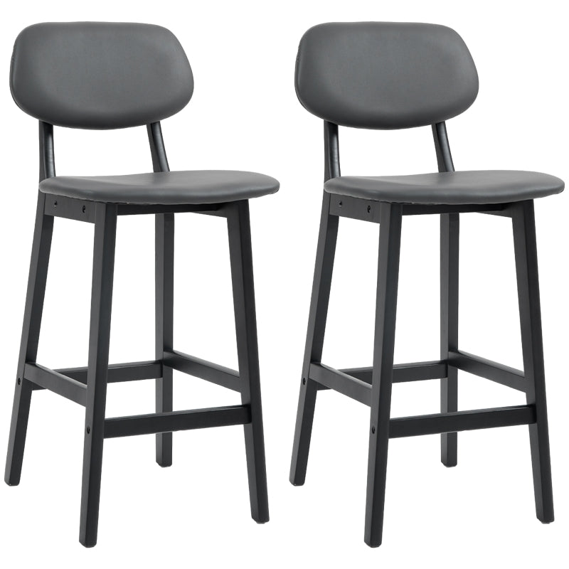 Dark Grey Faux Leather Bar Stools Set of 2 with Backs and Wooden Legs