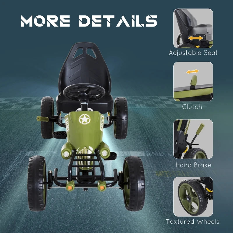 Green Kids Pedal Go Kart with Adjustable Seat and Braking System