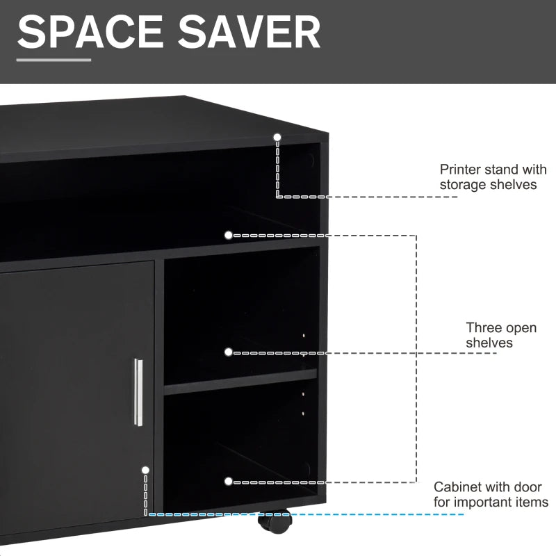 Black Mobile Printer Stand with Storage and Wheels - Modern Office Desk Unit