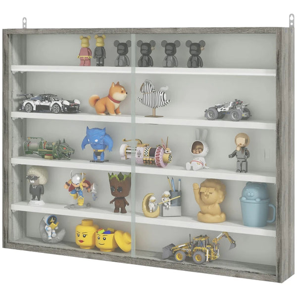 Grey Wood Grain 5-Tier Wall Display Cabinet with Glass Doors - 60x80cm