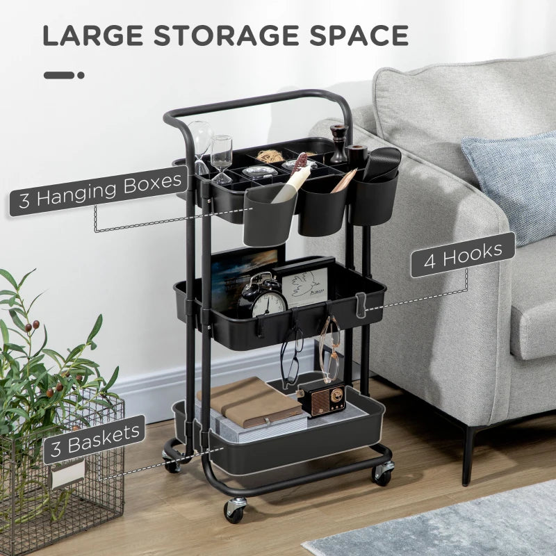 Black 3 Tier Utility Rolling Cart with Baskets and Hooks