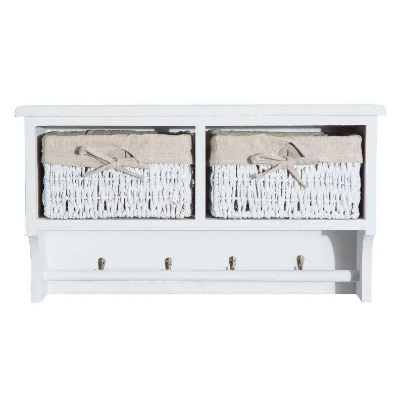 White Wall Mounted Coat Rack with Baskets and Hooks
