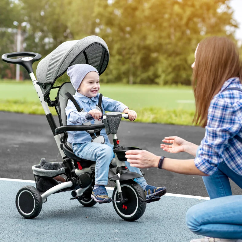 Grey Kids Tricycle with Rotatable Seat & Adjustable Push Handle