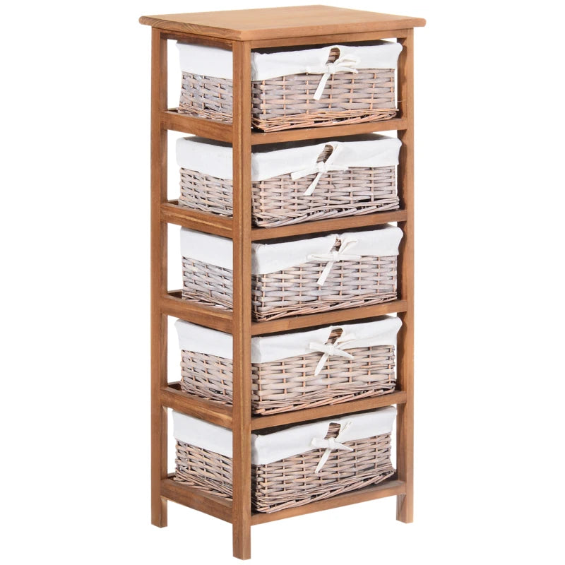 5-Drawer Wicker Basket Storage Unit - Natural Wood Finish