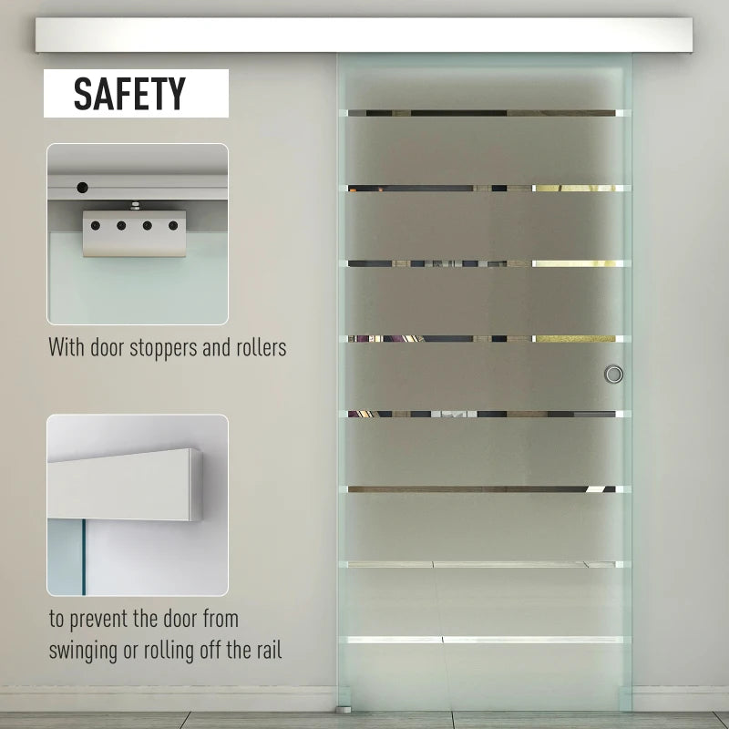 90cm Frosted Glass Sliding Door Kit with Stripe Pattern, Round Handle