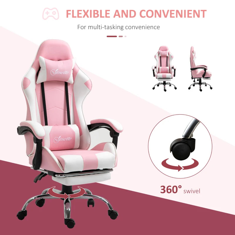 Pink Racing Gaming Chair with Lumbar Support & Head Pillow