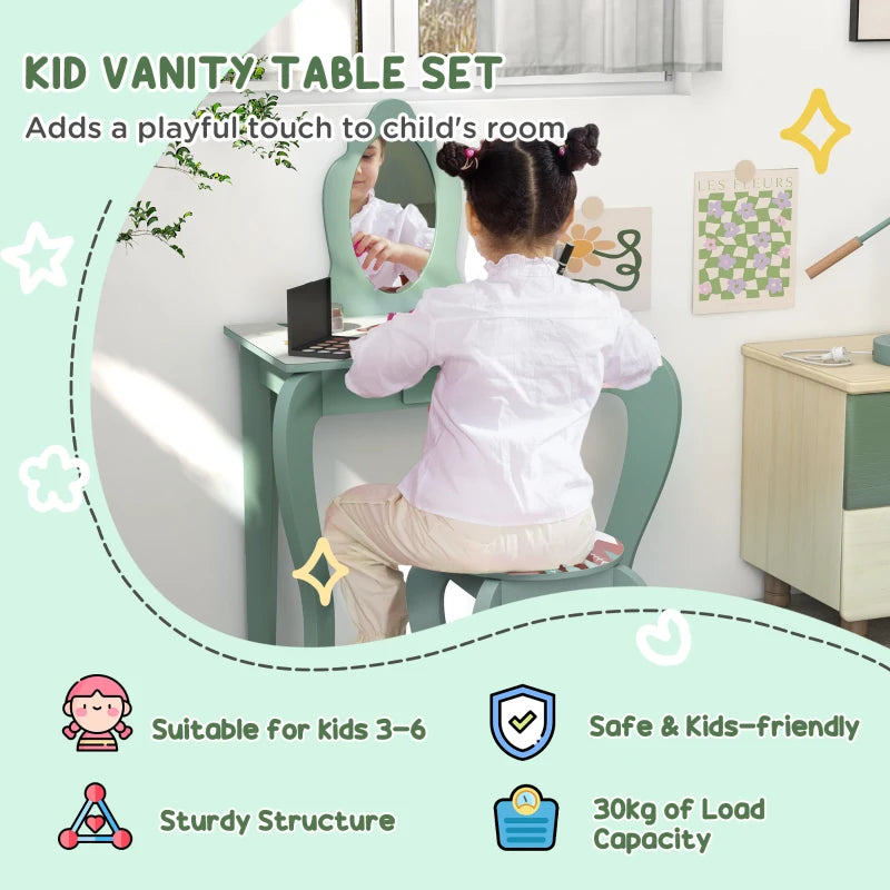 Green Kids Dressing Table Set with Mirror, Stool, Drawer - Cute Animal Design