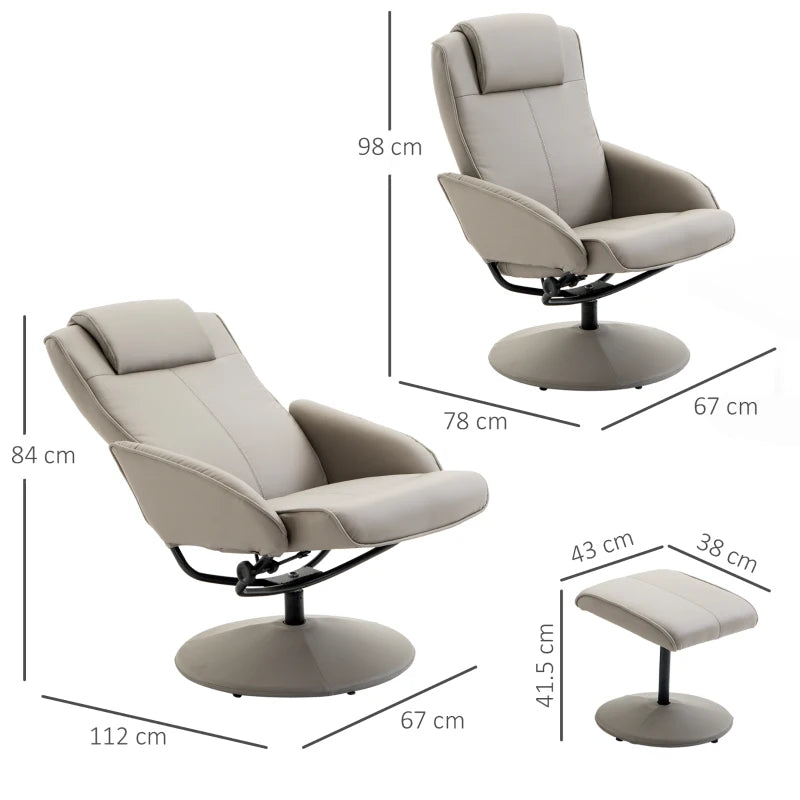 Grey Leather Swivel Recliner Chair with Footrest