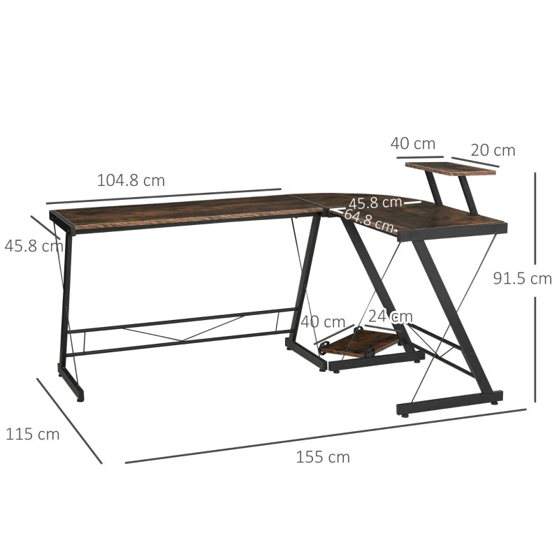 Rustic Brown and Black L-Shaped Computer Desk with Monitor and CPU Stand