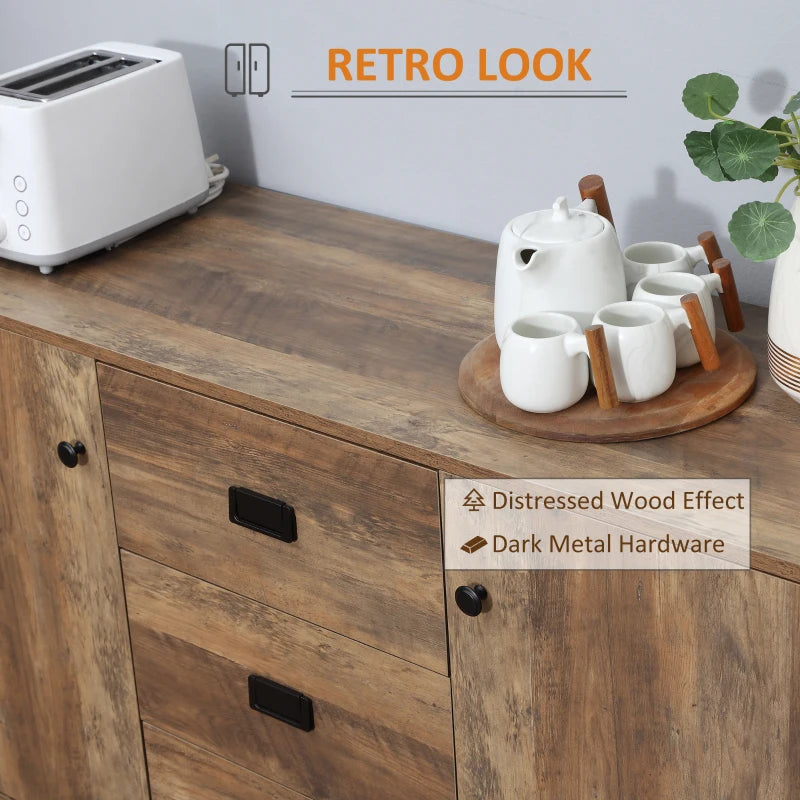 Industrial Distressed Brown Sideboard with Drawers and Adjustable Shelves