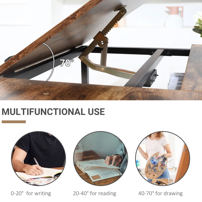 Adjustable Drafting Table with Tiltable Tabletop and Storage Shelf, Rustic Brown