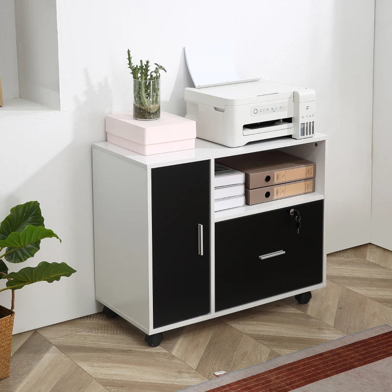 Black and White Mobile File Cabinet with Lockable Drawer and Shelf