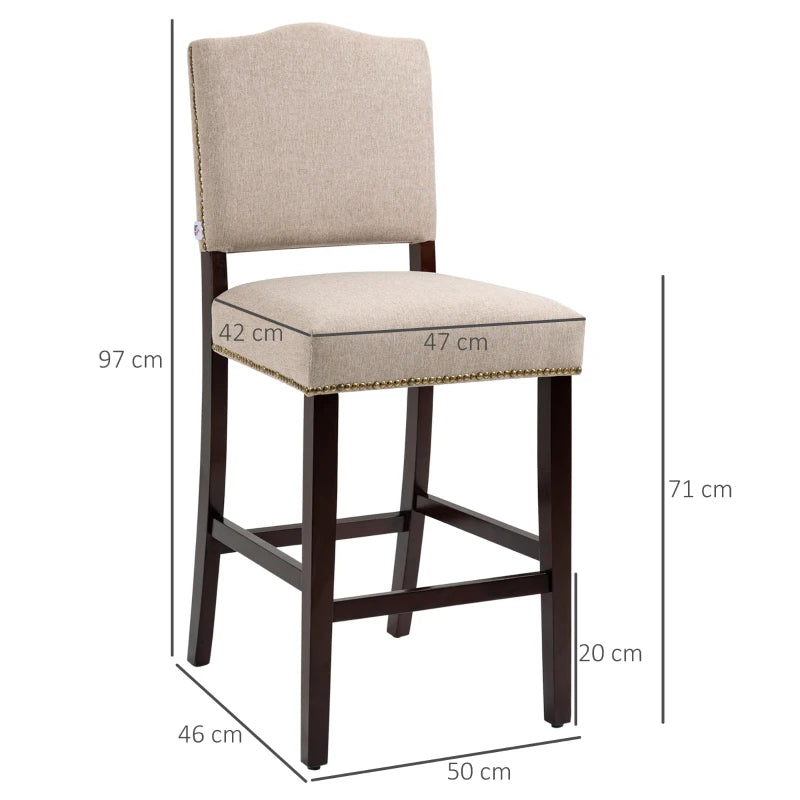 Beige Fabric Bar Stools Set of 2 with Backrest and Nailhead Trim