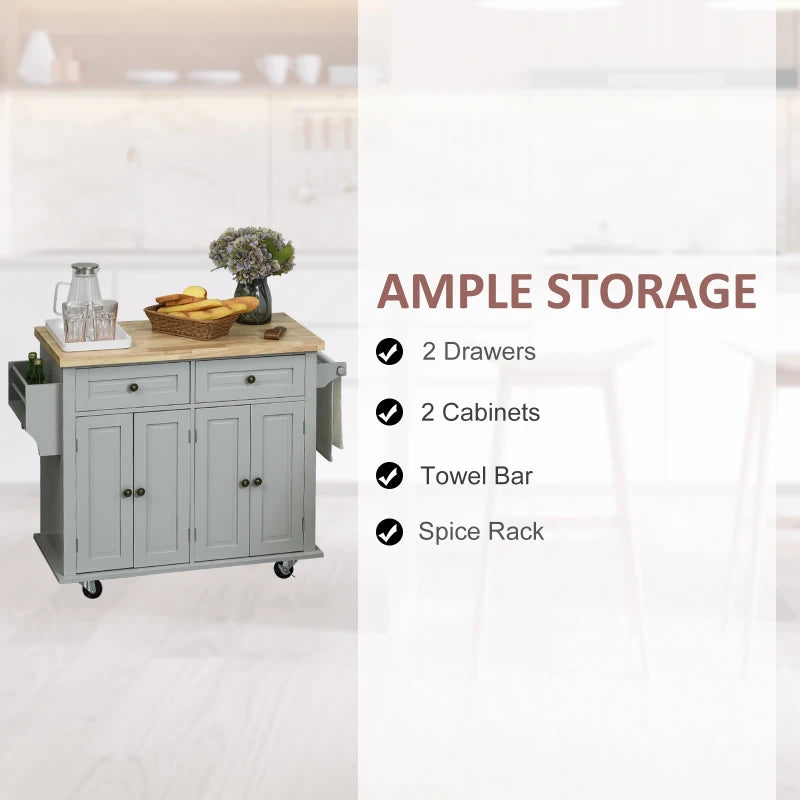 Grey Rolling Kitchen Island Trolley with Rubber Wood Top & Drawers