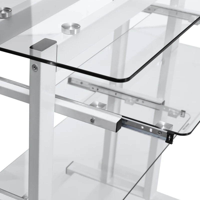 White Compact Computer Desk with Keyboard Tray and Wheels