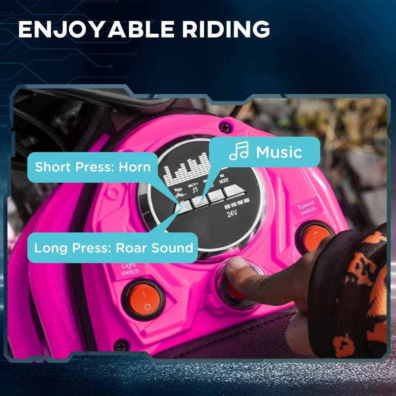 Pink Electric Motorbike with Music & Horn, 12" Tyres, 16km/h Speed