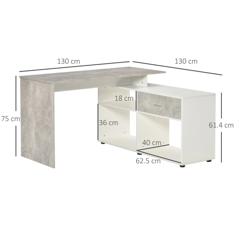 Grey and White L-Shaped Corner Desk with Drawers and Shelves