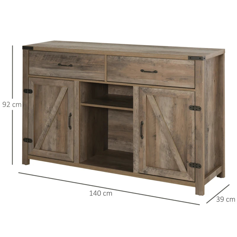 Bronze-Tone Rustic Style Side Cabinet with 2 Drawers & Cupboards - 140x39x58 cm