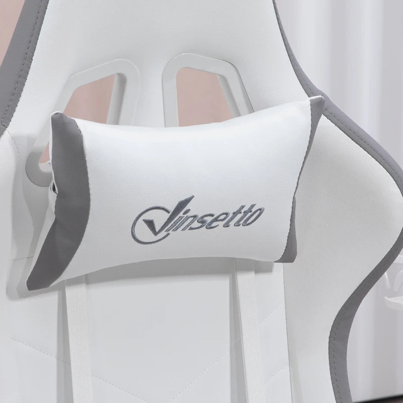 White & Grey Racing Gaming Chair with Footrest and Swivel Seat