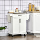 White Wooden Kitchen Island Cart with Stainless Steel Top and Storage