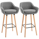 Grey Upholstered Bar Stools Set of 2 - Modern Metal Frame, Solid Wood Legs
