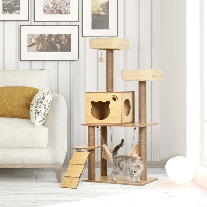 130cm Grey Cat Tree with Scratching Posts, Perches, House & Hammock