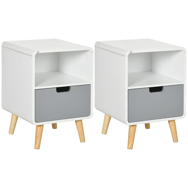 Wooden Nightstand Set with Drawer - Scandinavian Style, 2-Pack, Natural Wood