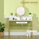 White Modern Vanity Dressing Table with Round Mirror and Faux Marble Texture