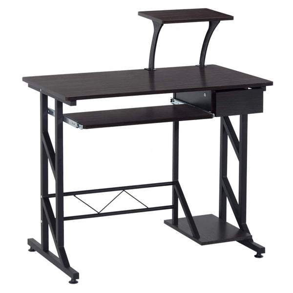 Dark Brown Computer Desk with Display Stand and Sliding Keyboard Tray