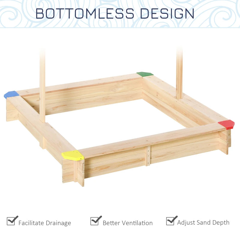 Kids Square Wooden Sand Pit with Canopy Bench Seat - Blue