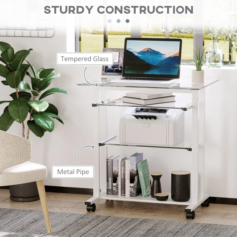 White Compact Computer Desk with Keyboard Tray and Wheels